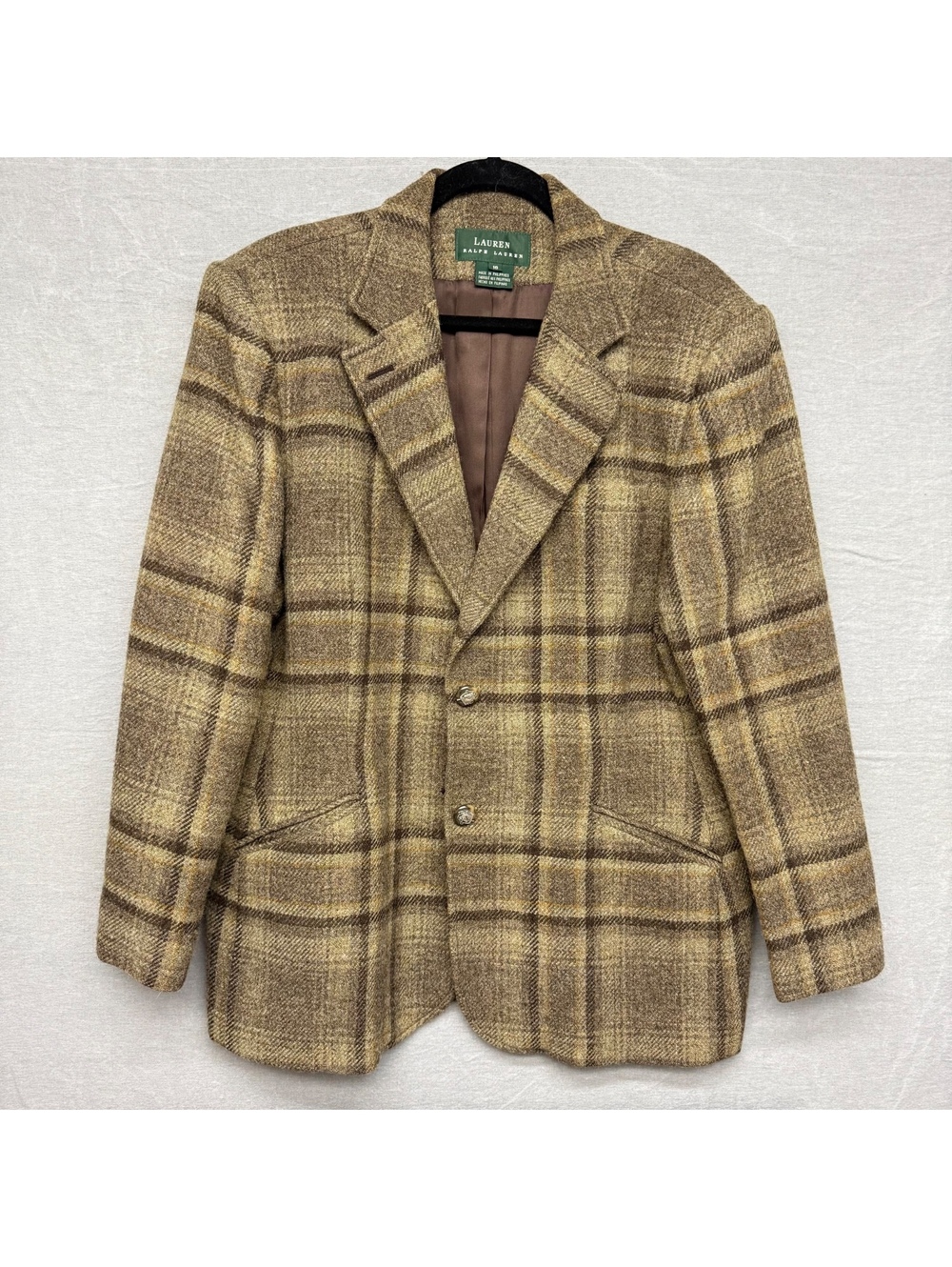 Vtg Lauren Ralph Lauren 100% Wool Plaid Blazer 16 Brown Equestrian Horse Buttons